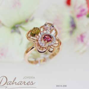 BS14-206 Anillo de oro rosa 14 k con diamante y turmalina talla 7