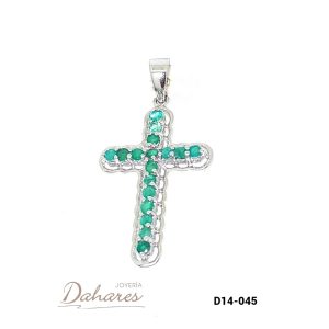D14-045 Cruz en oro blanco de 14 kilates con esmeraldas. Ancho 1.7 cm, alto 2.7 cm