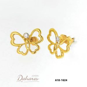 A18-1624 Aretes mariposas en oro amarillo de 18 kilates con circones. Ancho 1.2 cm, alto 1 cm