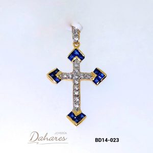 BD14-023 Cruz en oro amarillo de 14 kilates con zafiro y diamantes