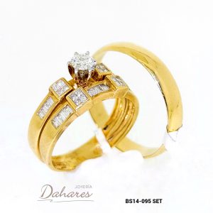 BS14-095 SET Trío de matrimonio en oro amarillo de 14 kilates con diamantes, banda caballero 4mm de ancho. Talla H10 M7.5