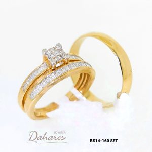 BS14-160 SET Trío de matrimonio en oro amarillo de 14 kilates con diamantes, banda caballero 4mm de ancho. Talla H10 M7