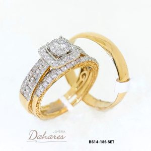 BS14-186 SET Trío de matrimonio en oro amarillo de 14 kilates con diamantes, banda caballero 4mm de ancho. Talla H10 M7