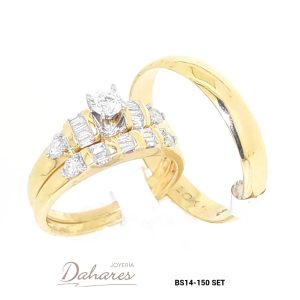 BS14-150 SET Trío de matrimonio en oro amarillo de 14 kilates con diamantes, banda caballero 4mm de ancho. Talla H10 M6