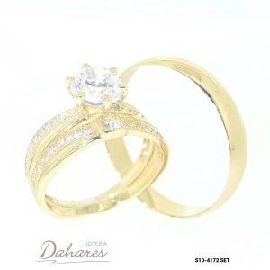 S10-4172 SET Trío de matrimonio en oro amarillo de 10 kilates con circones, banda caballero 4 mm de ancho. Talla H10 M6