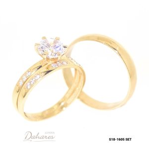 S18-1605 SET Trío de matrimonio en oro amarillo de 18 kilates con circones, banda caballero 4mm de ancho. Talla H10 M8