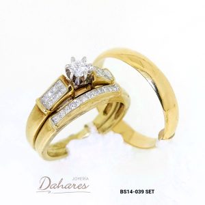 BS14-039 SET Trío de matrimonio en oro amarillo de 14 kilates con diamantes, banda caballero 4 mm de ancho. Talla H10 M7