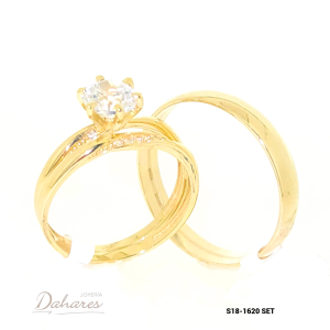 S18-1620 SET Trío de matrimonio en oro amarillo de 18 kilates con circones, banda caballero 4 mm de ancho. Talla H10 M7.5