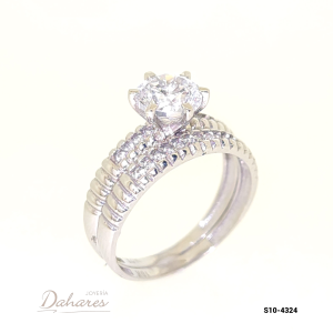 S10-4324 Dúo de matrimonio para dama en oro blanco de 10 kilates con circones. Talla 6.5