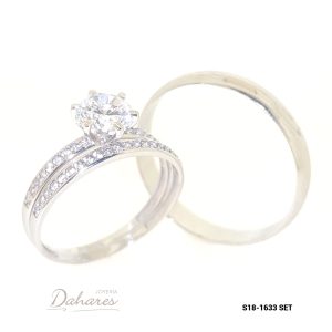 S18-1633 SET Trío de matrimonio en oro blanco de 18 kilates con circones, banda caballero 4mm ancho. Talla H10 M7.5