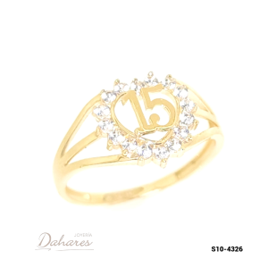 S10-4326 Anillo en oro amarillo de 10 kilates con circones y numero 15. talla 6
