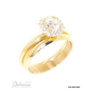 S10-4337 DUO Dúo de matrimonio para dama en oro amarillo de 10 kilates con circones, banda de matrimonio de 3mm de ancho. Talla 7